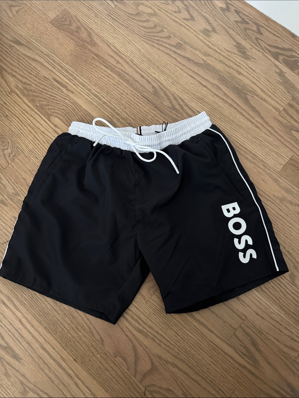 Boss Black Swim Trunks with White Waistband and Logo